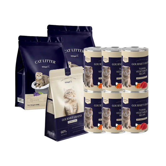 Monthly Essentials  (2 Cat Litters + 1 Cat Dry Food 3kg + 6 Cat Wet Food Cans) Stiinger