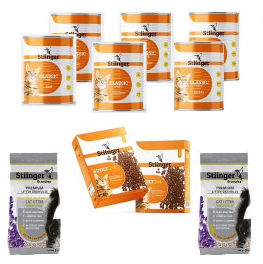 Value Pack: Monthly Double Trouble (2 Cat Litters + 2 Cat Dry Food + 6 Cat Wet Food) Stiinger